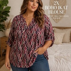Maurices 2X Boho Ikat Print Blouse Roll Tab Sleeve Flowy Top Plus Size